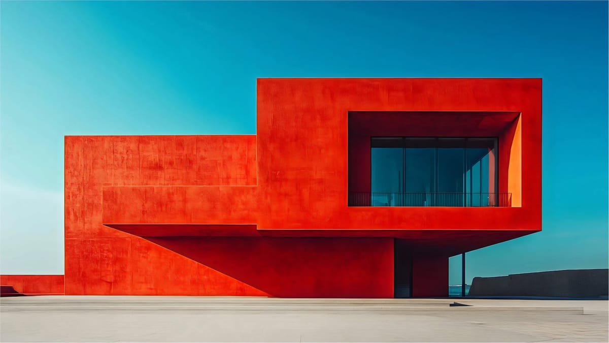 Ein modernes, minimalistisches Gebäude in leuchtendem Rot vor einem strahlend blauen Himmel.