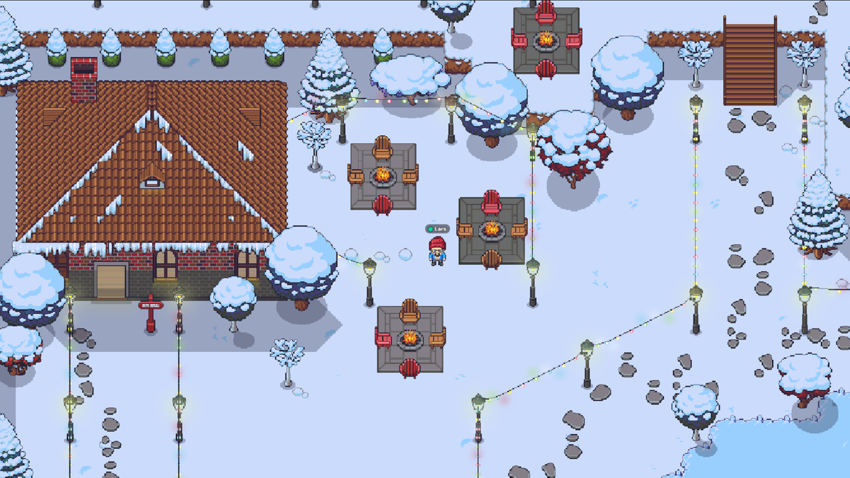 Screenshot von Gather, das eine winterliche Szenerie mit Bänken, Tischen und Lagerfeuern für das nächste scamper.meetup zeigt.