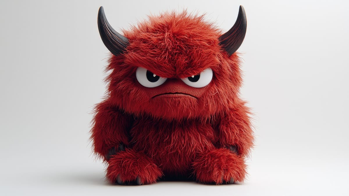 Kleines, rotes, zotteliges Monster mit schwarzen Hörnern und wütendem Gesichtsausdruck vor hellem Hintergrund.